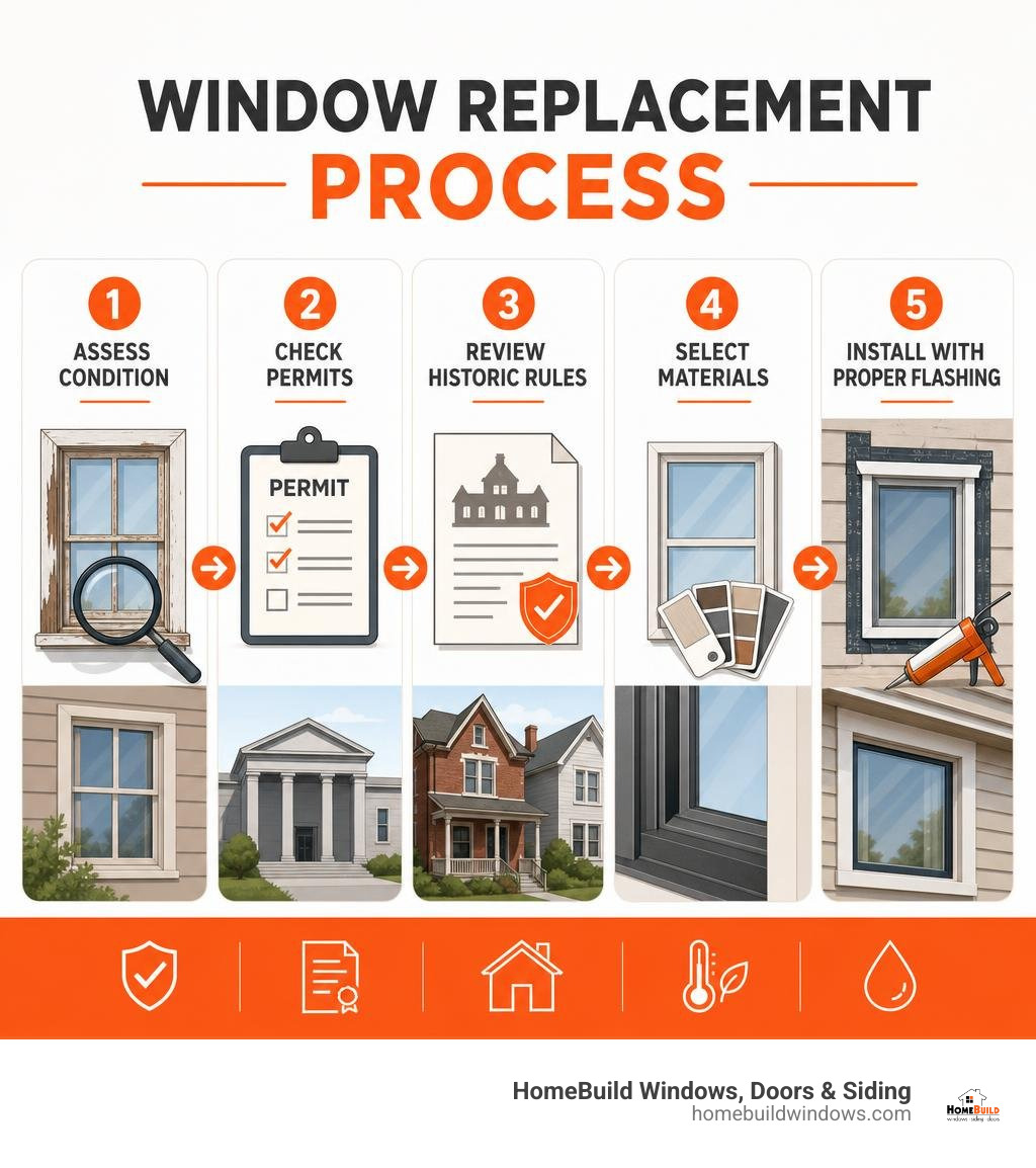 Infographic showing window replacement process steps: assess condition, check permits, review historic rules, select