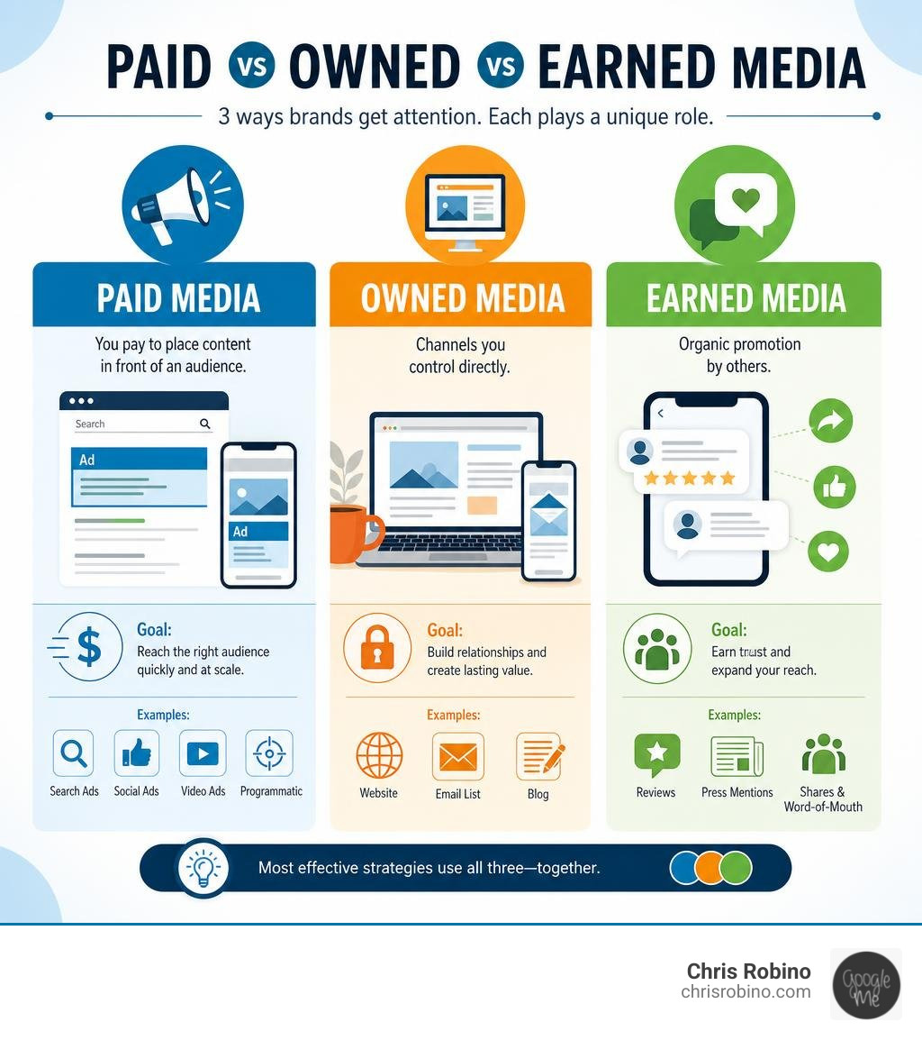 Infographic comparing paid media vs owned media vs earned media with key definitions and examples infographic