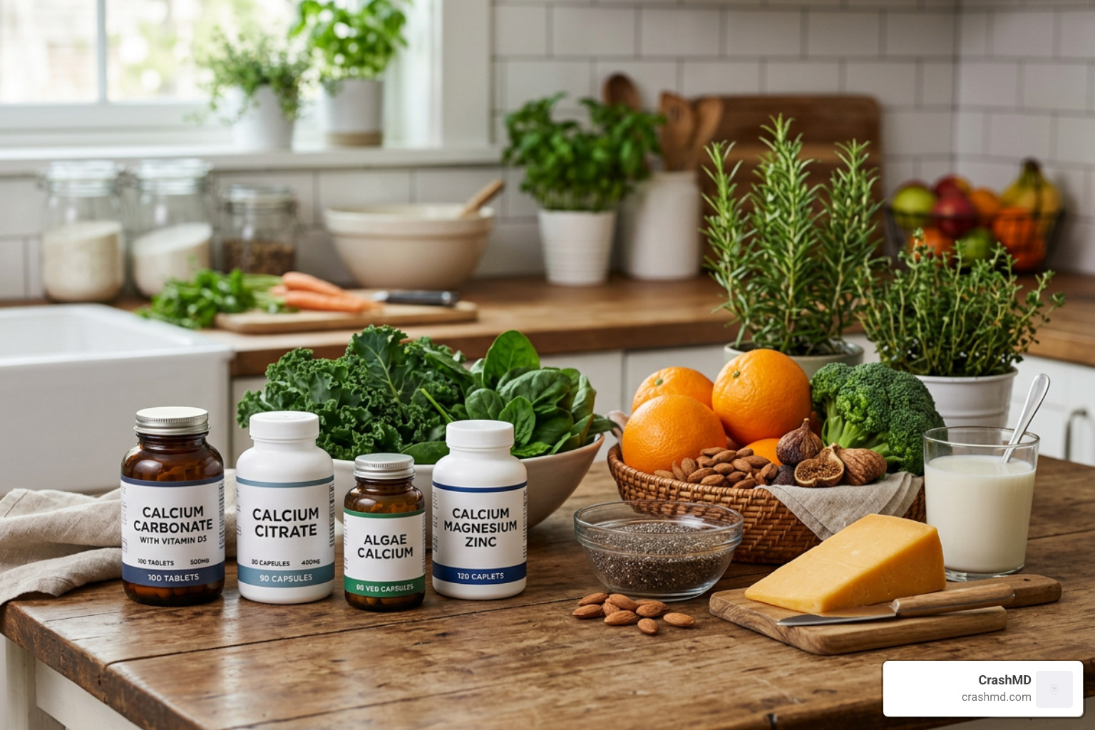 Different types of calcium supplement bottles next to healthy whole foods