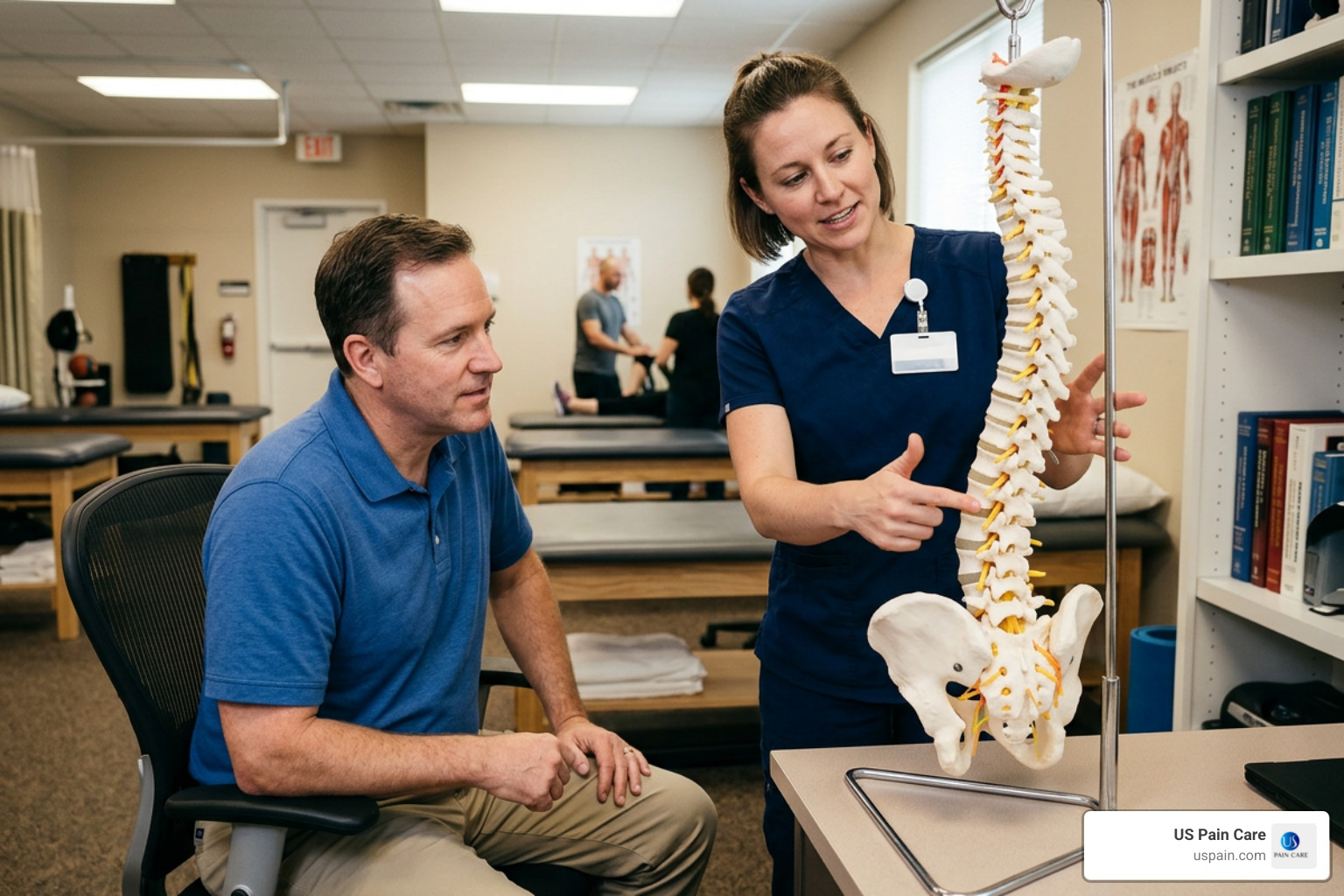 physical therapist explaining spinal anatomy to a patient