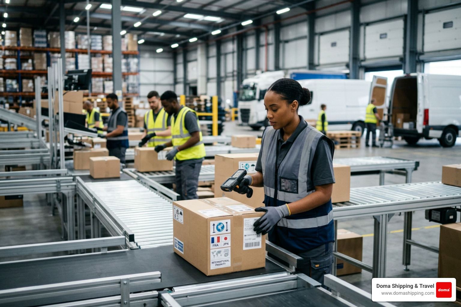 Logistics hub worker handling international packages for overseas transport