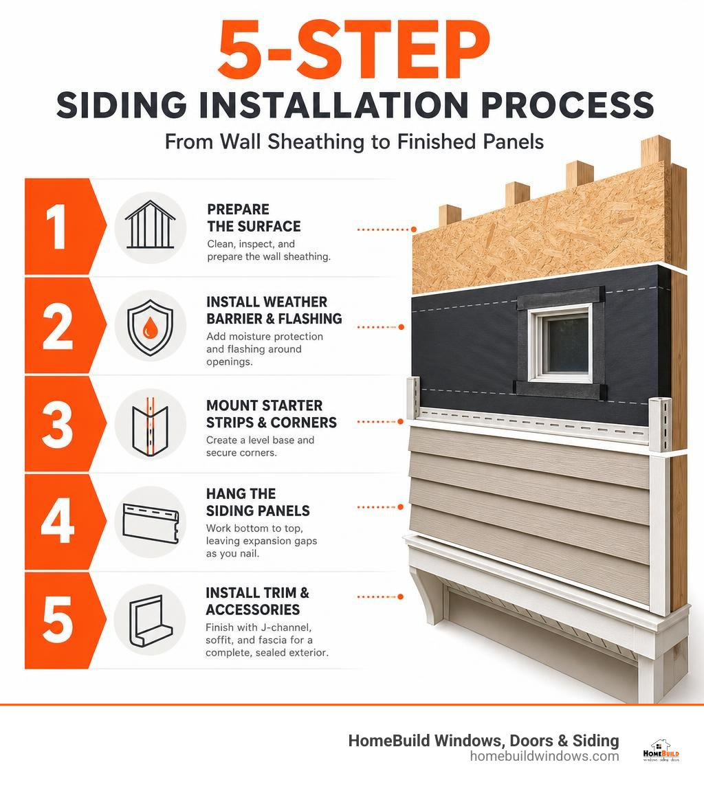 5-step siding installation process layers from wall sheathing to finished panels infographic