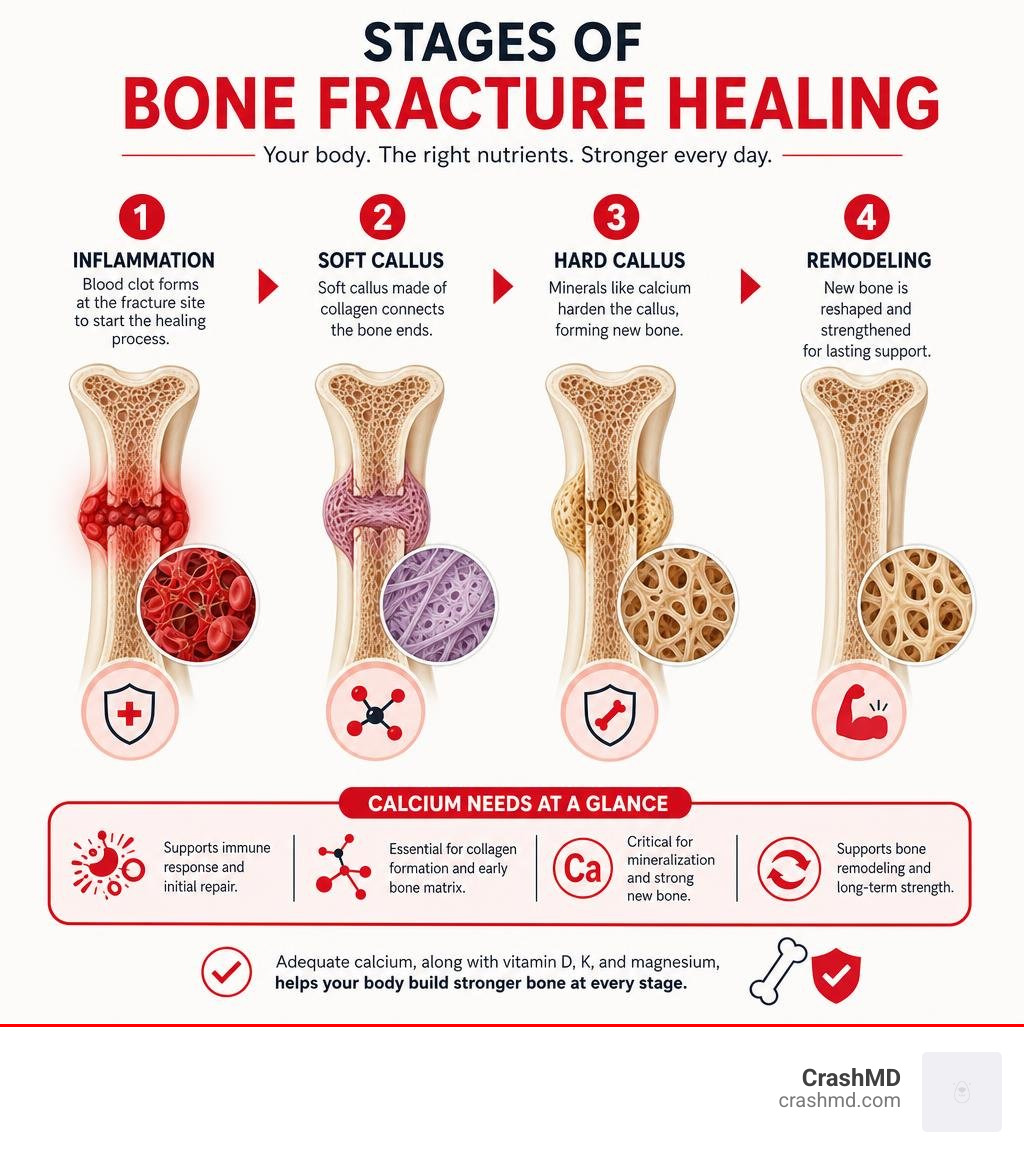 Stages of bone fracture healing: inflammation, soft callus, hard callus, remodeling phases with calcium needs infographic