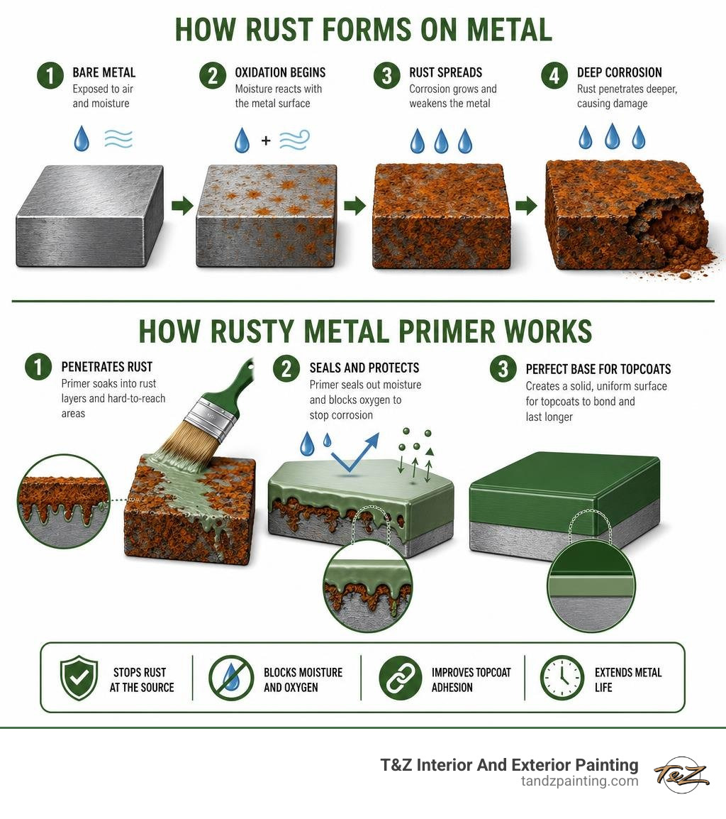 How rust forms on metal and how rusty metal primer penetrates and seals corrosion layers infographic How rust forms on metal and how rusty metal primer penetrates and seals corrosion layers infographic