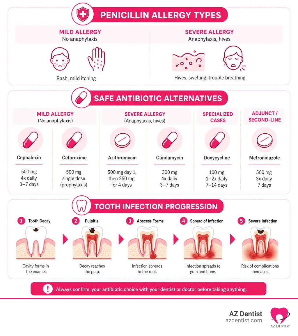 Infographic showing penicillin allergy types, safe antibiotic alternatives, and tooth infection progression stages
