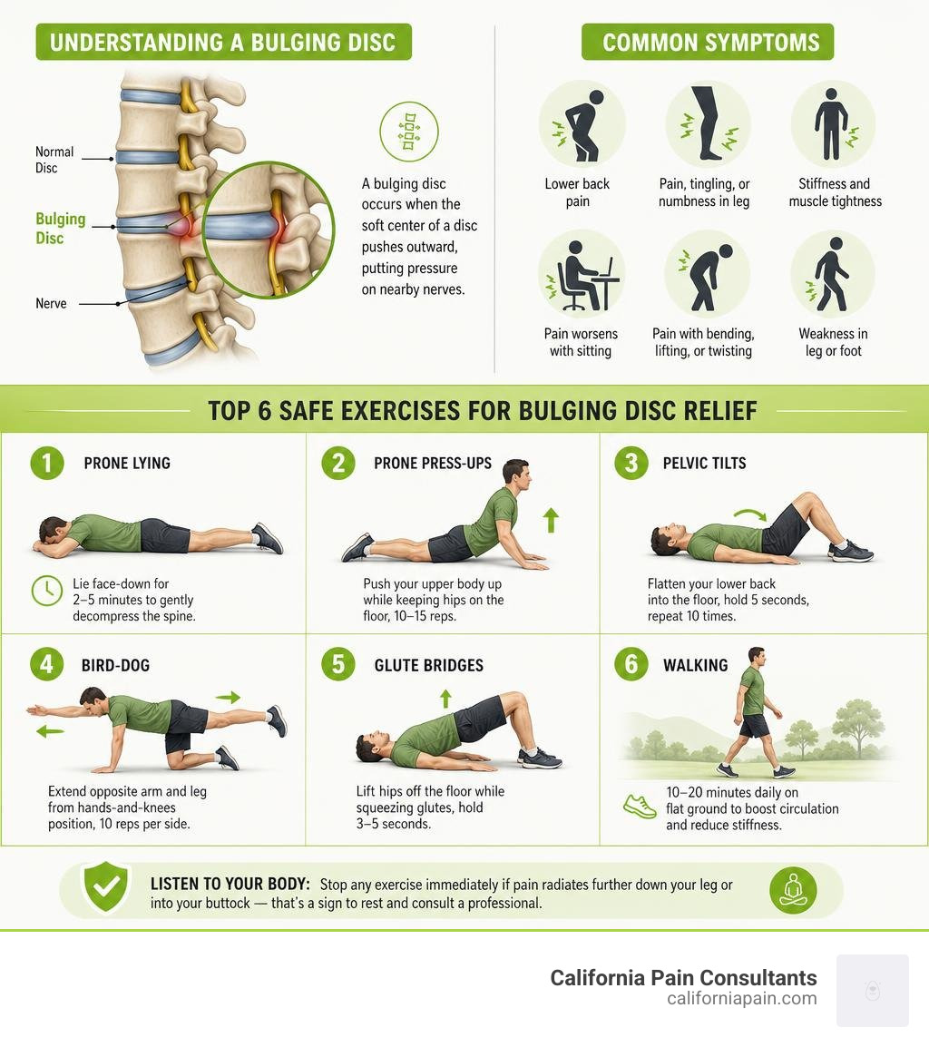 Infographic showing bulging disc anatomy, common symptoms, and top 6 safe exercises for relief infographic