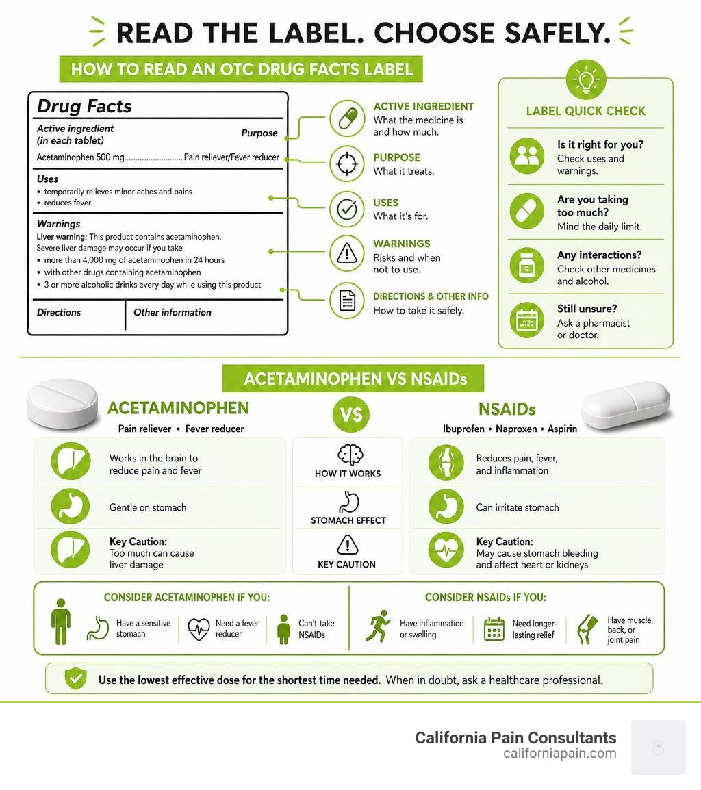 Infographic showing how to read an OTC drug facts label and compare acetaminophen vs NSAIDs infographic