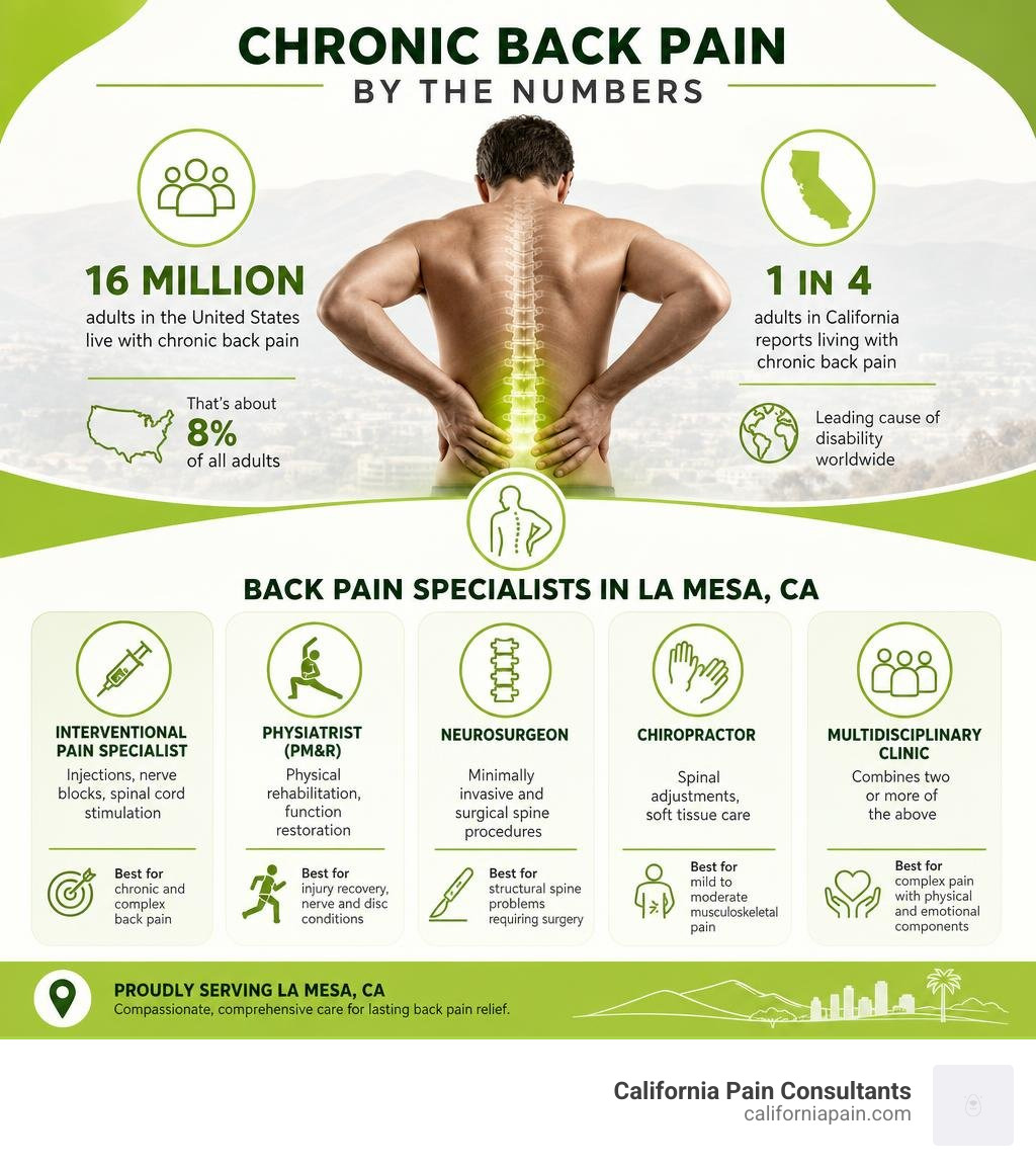 Infographic showing chronic back pain prevalence statistics and specialist types in La Mesa CA infographic