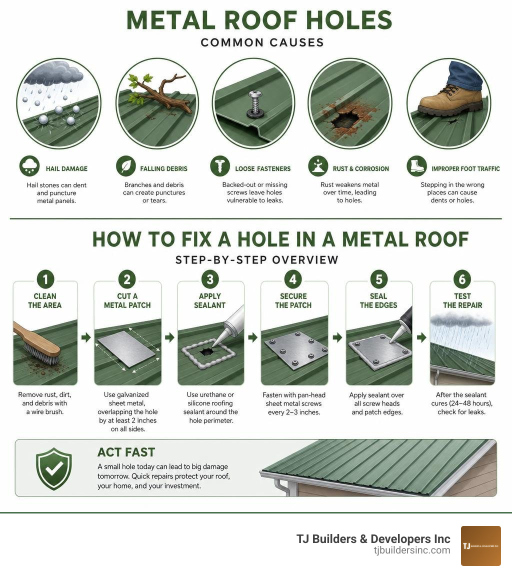 Infographic showing common causes of metal roof holes and step-by-step repair overview infographic Infographic showing common causes of metal roof holes and step-by-step repair overview infographic