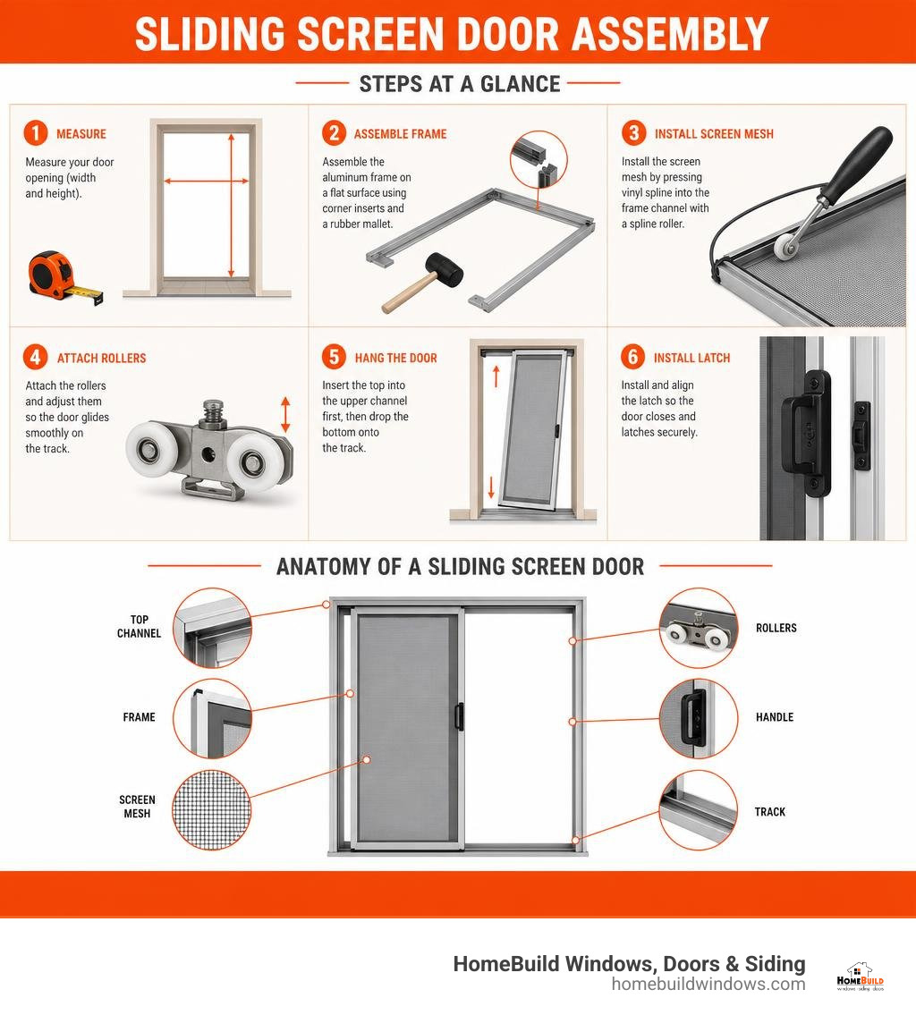 Steps and anatomy of a sliding screen door assembly infographic infographic
