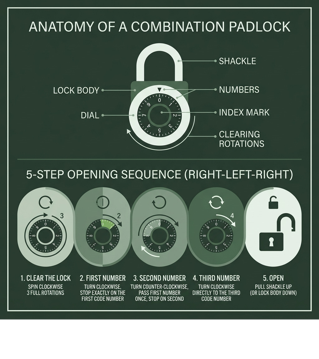 Infographic showing the 5-step right-left-right dialing sequence and anatomy of a combination padlock infographic