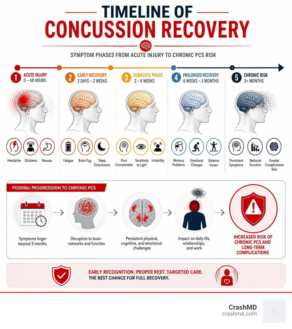 Timeline of concussion recovery showing symptom phases from acute injury to chronic PCS risk infographic Timeline of concussion recovery showing symptom phases from acute injury to chronic PCS risk infographic