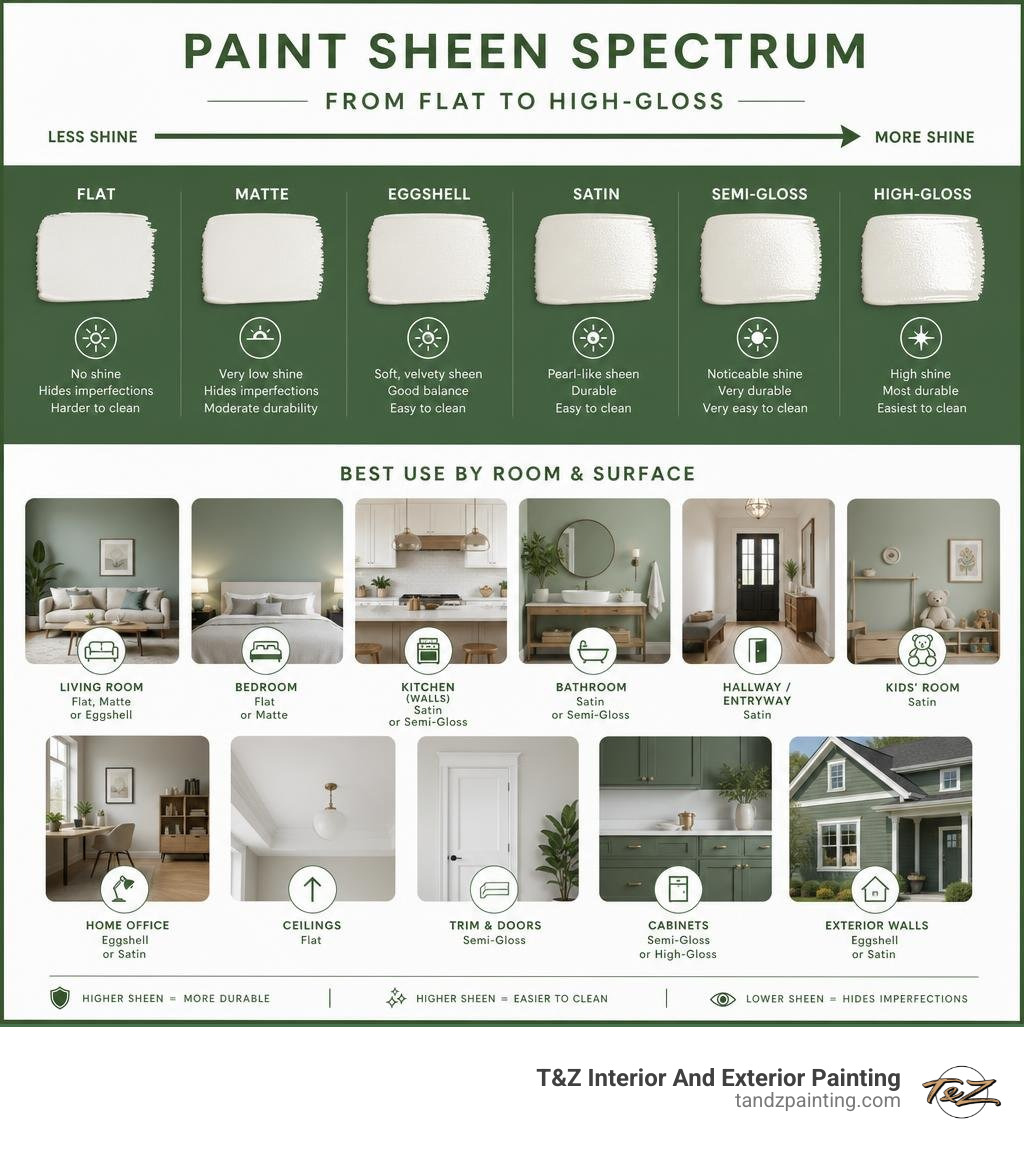 Infographic showing paint sheen spectrum from flat to high-gloss with room recommendations infographic