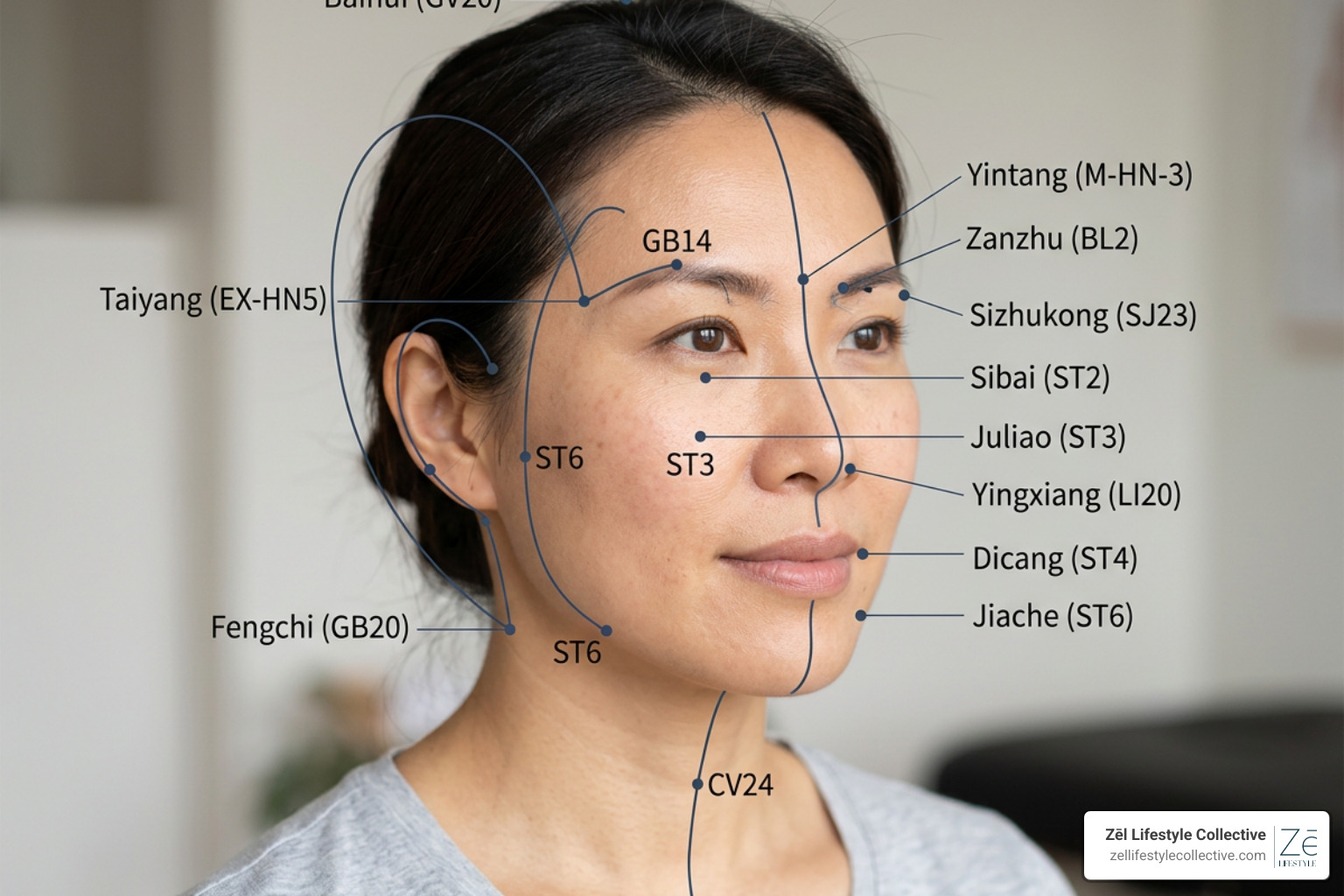 A detailed facial acupressure points chart mapping major meridians A detailed facial acupressure points chart mapping major meridians
