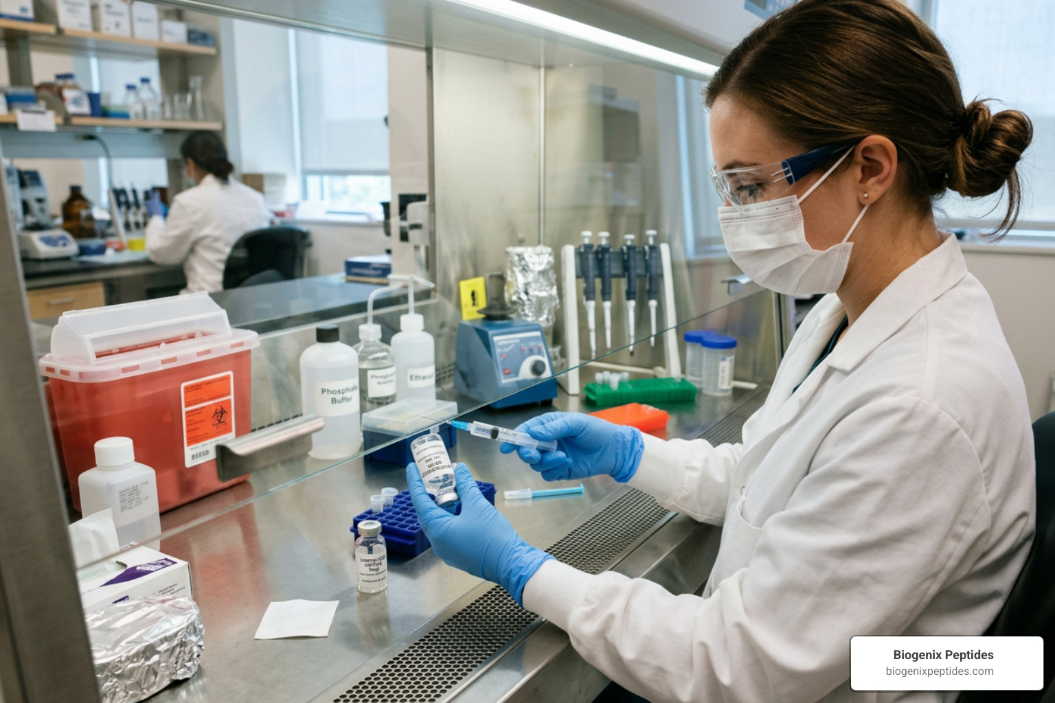 Laboratory researcher carefully reconstituting a peptide vial with bacteriostatic water using sterile technique