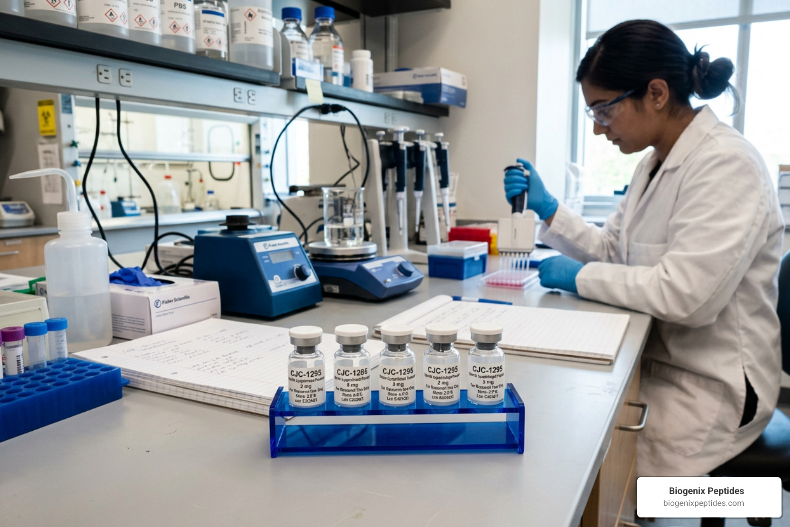 CJC-1295 peptide research vials in laboratory setting
