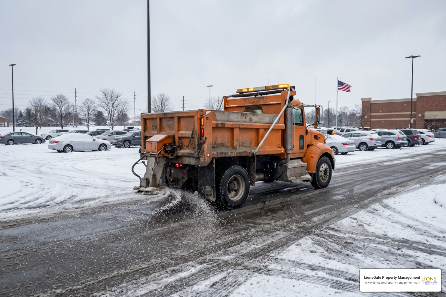 salt spreader applying de-icer salt spreader applying de-icer
