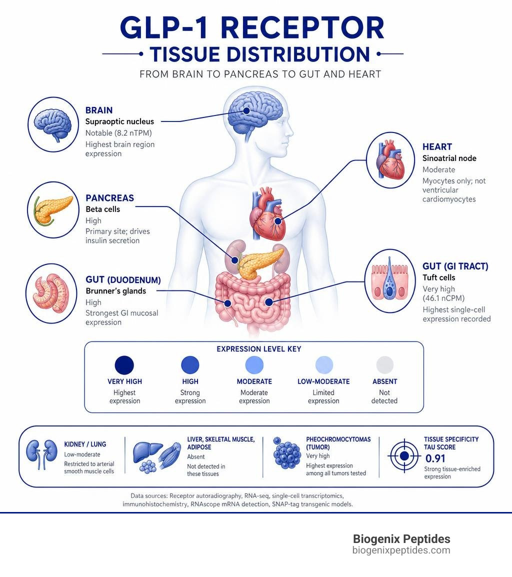 Infographic showing GLP-1 receptor tissue distribution from brain to pancreas to gut and heart infographic