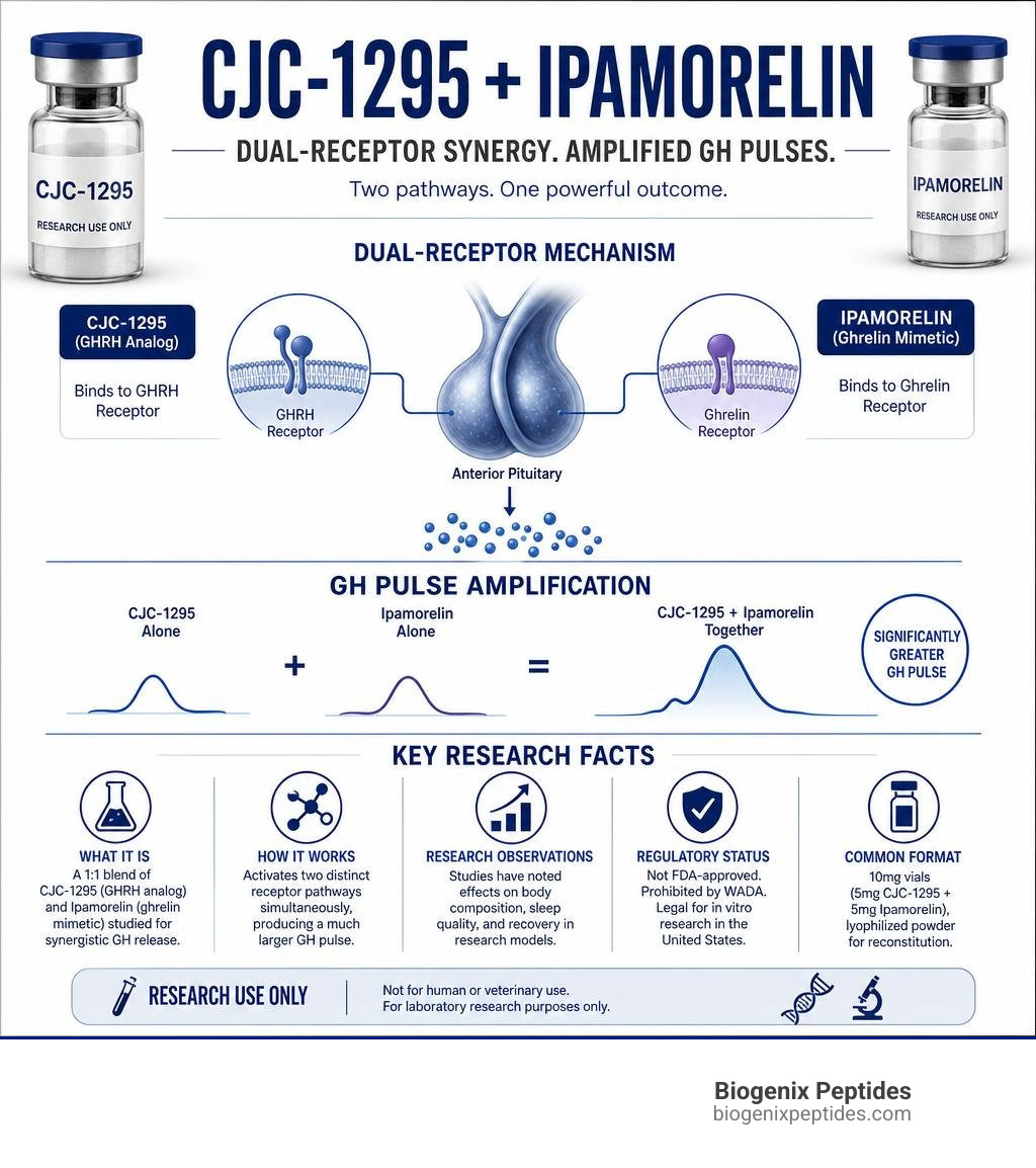 Infographic showing CJC-1295 and Ipamorelin dual-receptor synergy, GH pulse amplification, and key research facts infographic