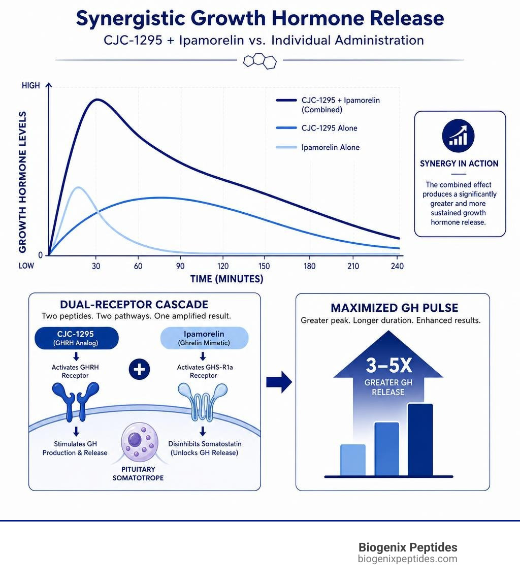 Graph illustrating the synergistic growth hormone release curve of combined CJC-1295 and Ipamorelin versus individual