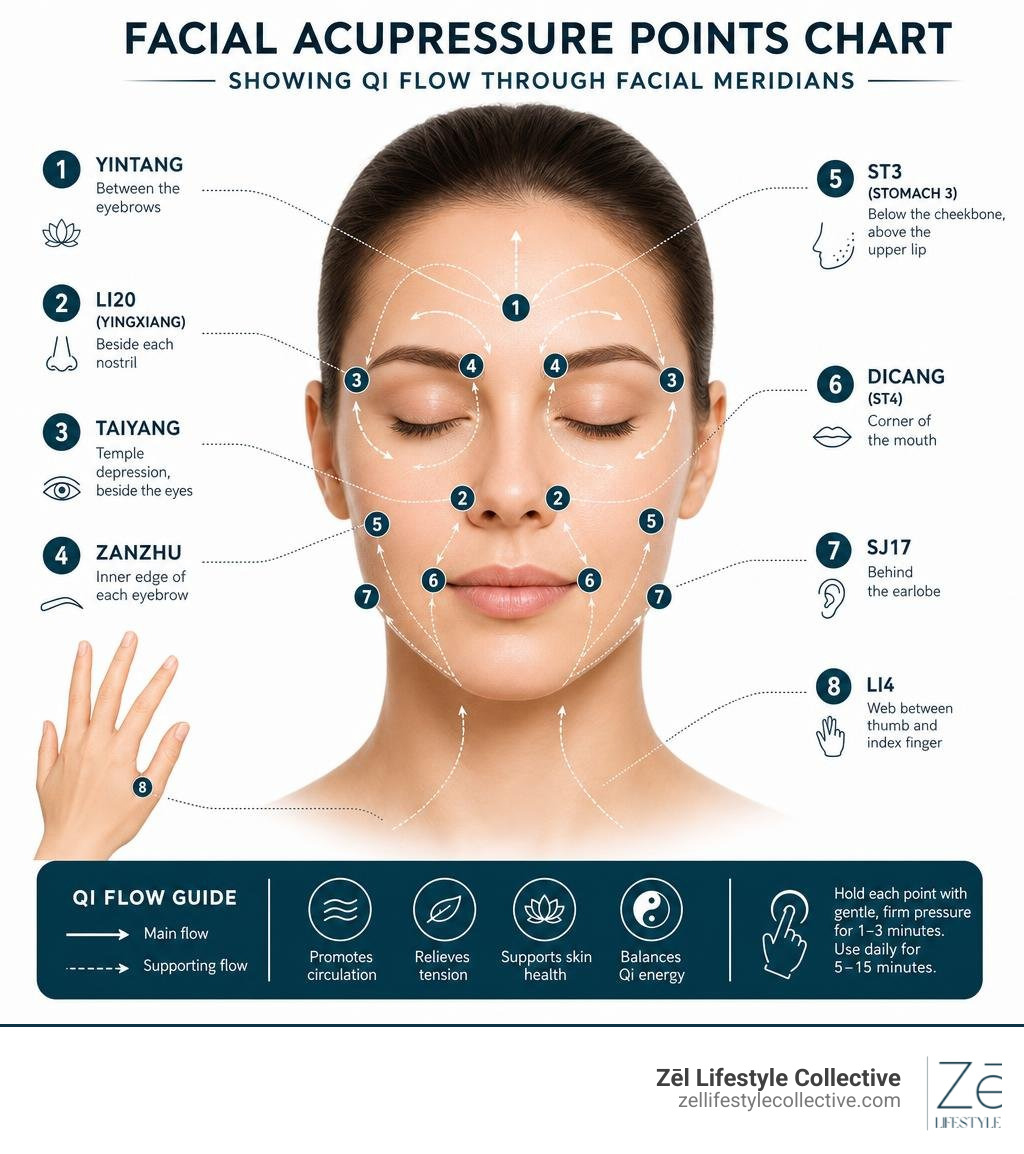 Facial acupressure points chart showing Qi flow through facial meridians infographic Facial acupressure points chart showing Qi flow through facial meridians infographic