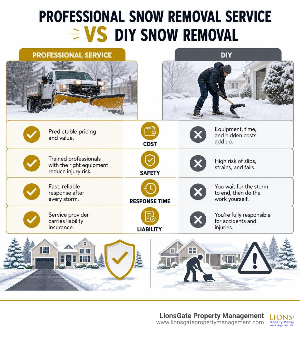 Benefits of professional snow removal service vs DIY: cost, safety, response time, liability infographic Benefits of professional snow removal service vs DIY: cost, safety, response time, liability infographic