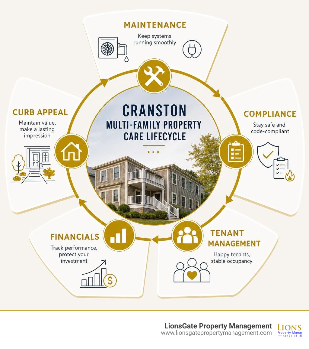 Infographic showing the multi-family property care lifecycle in Cranston: maintenance, compliance, tenant management Infographic showing the multi-family property care lifecycle in Cranston: maintenance, compliance, tenant management