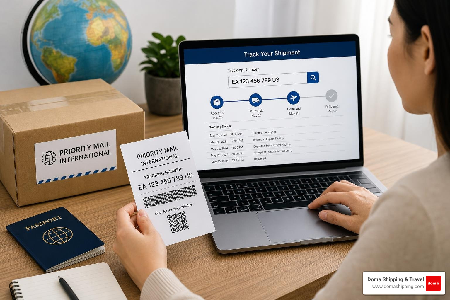 International shipping label showing barcode and alphanumeric tracking number