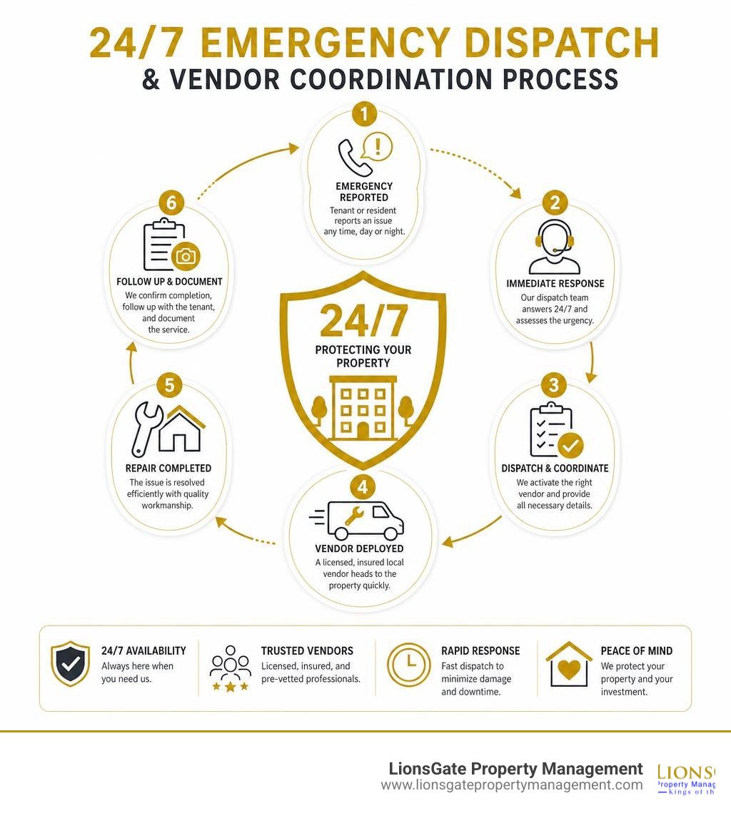 Infographic displaying LionsGate's 24/7 emergency dispatch process and vendor coordination infographic Infographic displaying LionsGate's 24/7 emergency dispatch process and vendor coordination infographic