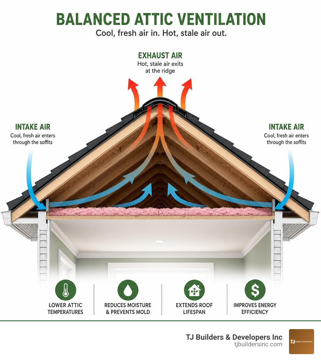 Infographic showing intake air entering at soffits and exhaust air exiting at the ridge in a balanced attic ventilation