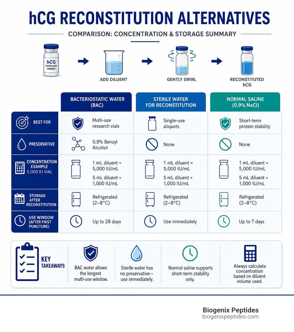 hCG reconstitution alternatives comparison: BAC water, sterile water, normal saline with concentration and storage summary