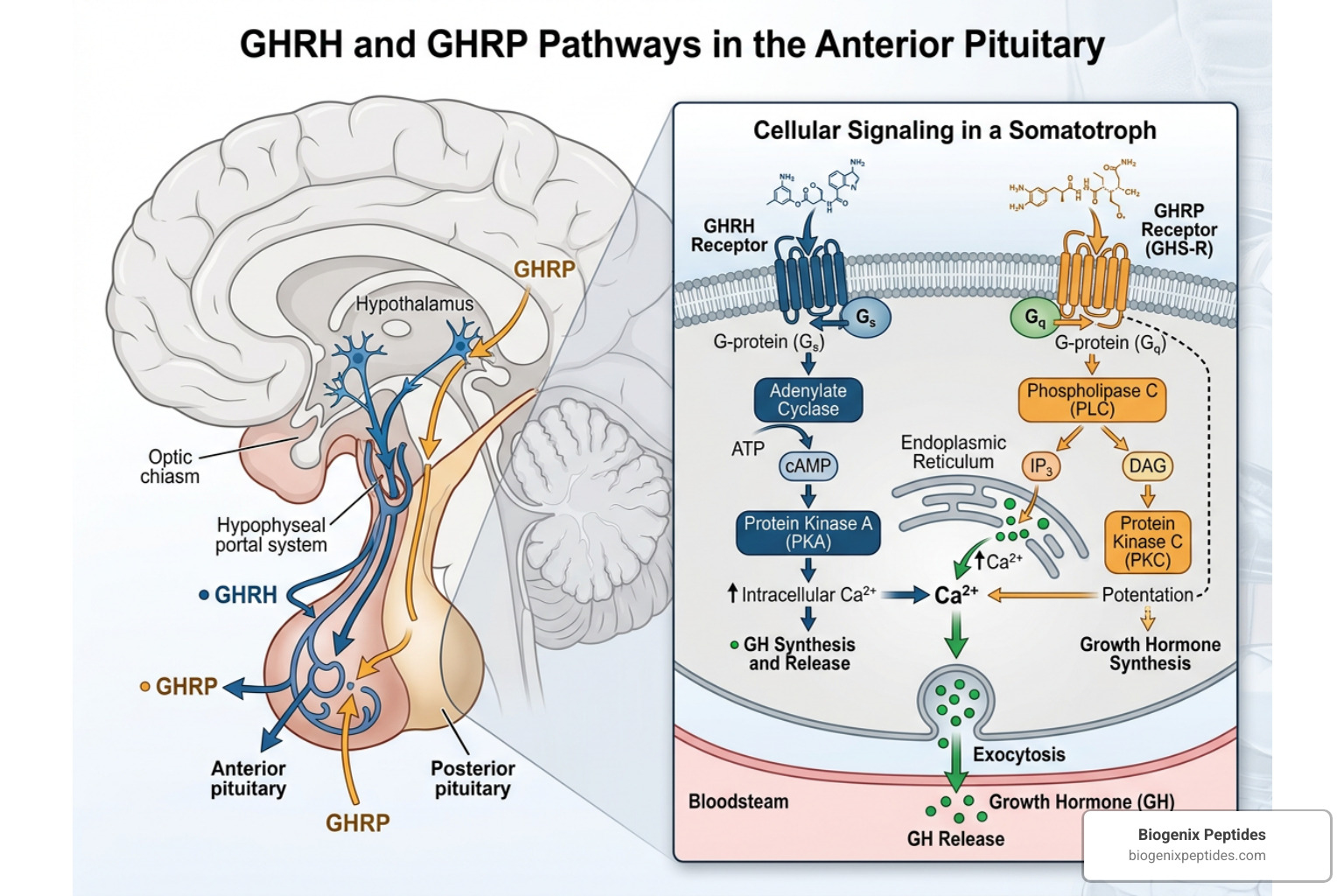Synergistic peptide action diagram showing GHRH and GHRP pathways working together