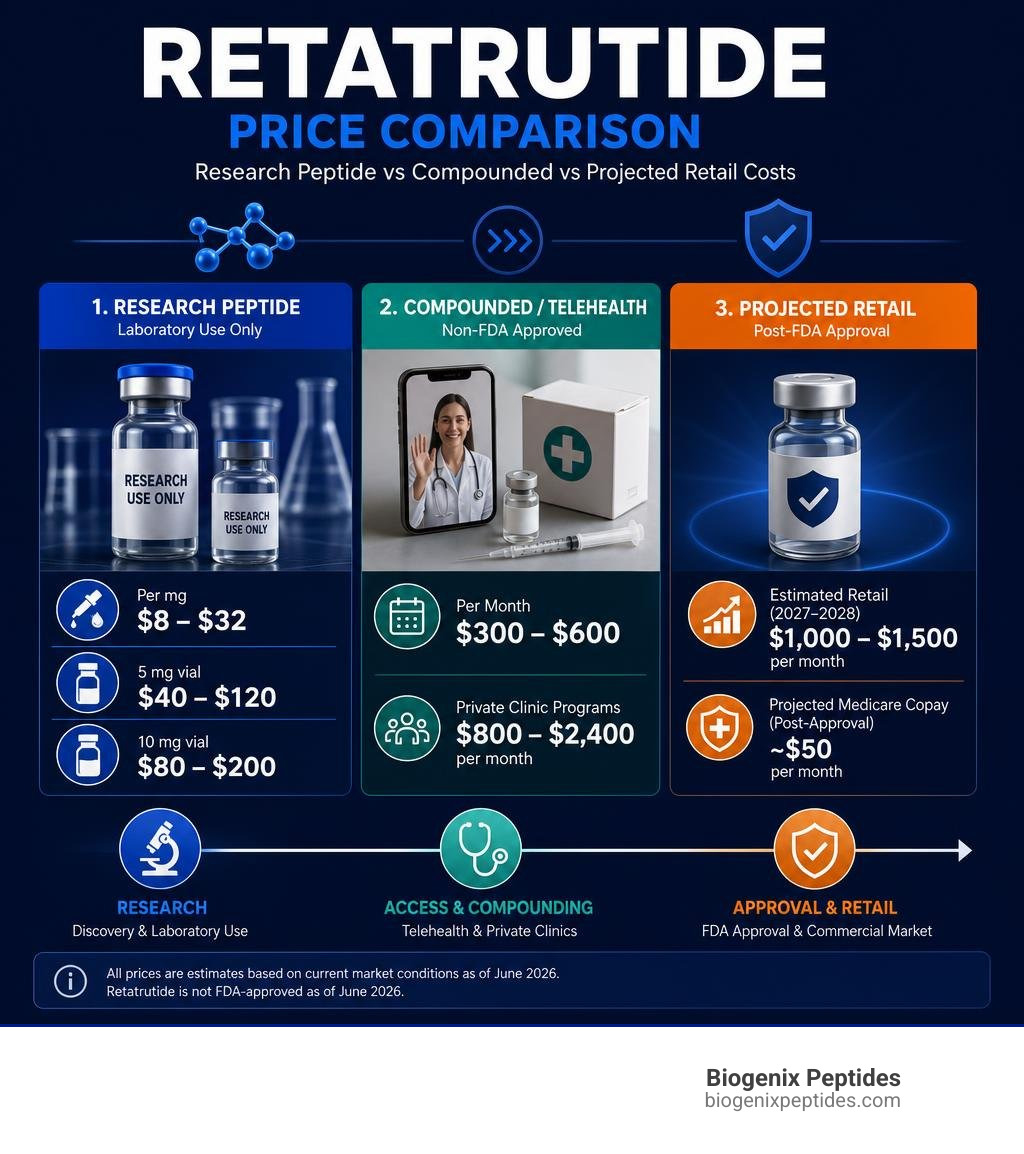 Retatrutide price comparison infographic: research peptide vs compounded vs projected retail costs 2026 infographic