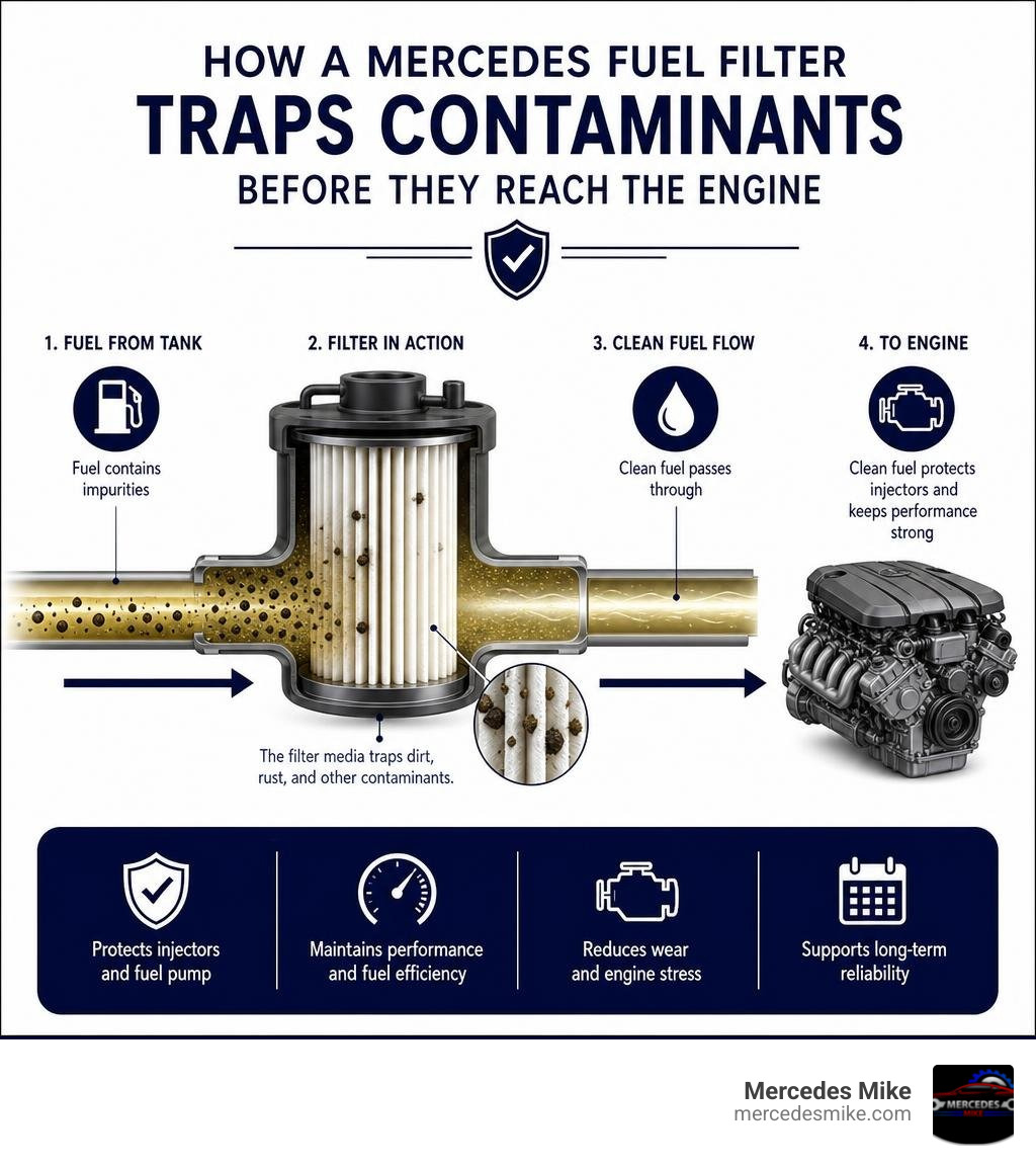 Infographic showing how a Mercedes fuel filter traps contaminants before they reach the engine infographic Infographic showing how a Mercedes fuel filter traps contaminants before they reach the engine infographic