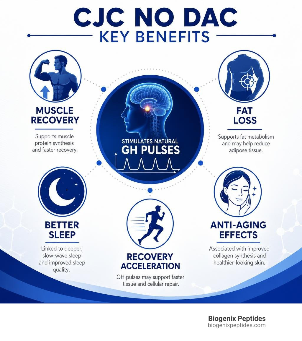 CJC no DAC benefits infographic showing GH pulse, muscle recovery, fat loss, sleep, and anti-aging effects infographic