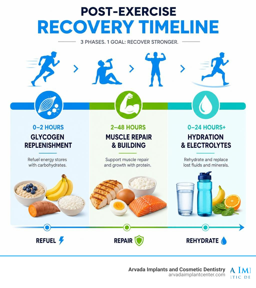 Post-exercise recovery timeline infographic: glycogen, muscle repair, hydration phases infographic Post-exercise recovery timeline infographic: glycogen, muscle repair, hydration phases infographic