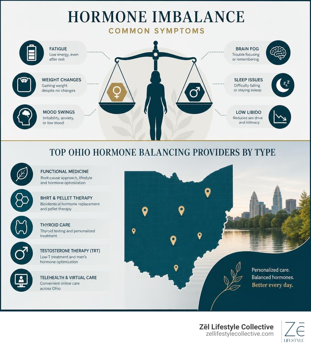 Infographic showing common hormone imbalance symptoms and top Ohio hormone balancing providers by type infographic Infographic showing common hormone imbalance symptoms and top Ohio hormone balancing providers by type infographic