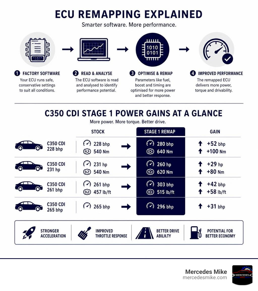 Infographic explaining ECU remapping concept and C350 CDI Stage 1 power gains at a glance infographic
