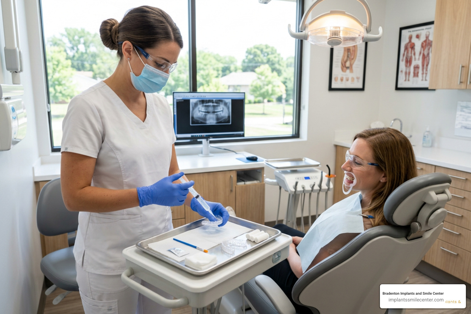 A dental professional preparing a clinical whitening treatment for a patient