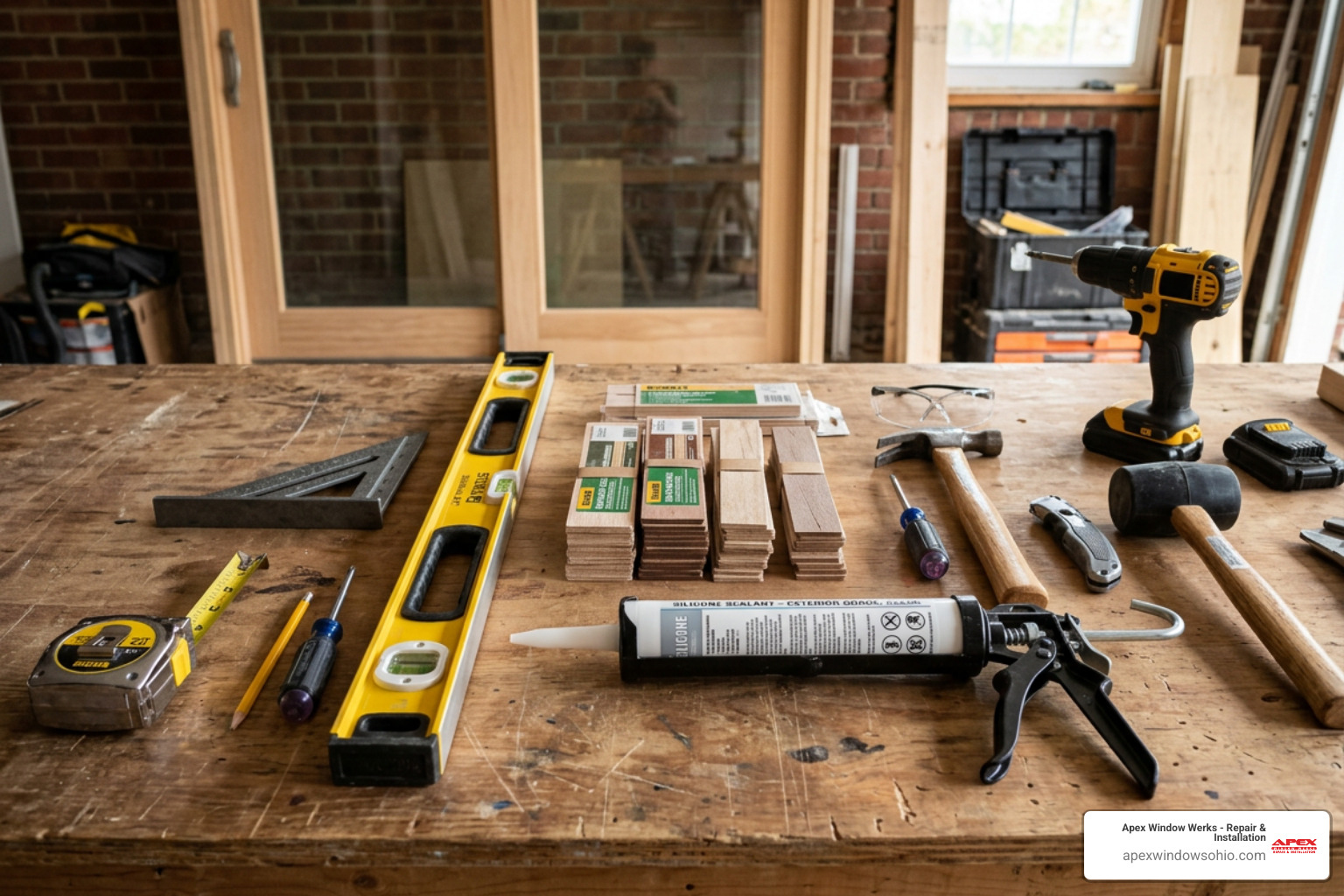 Essential tools for sliding door installation including level, sealant, and shims laid out on a table
