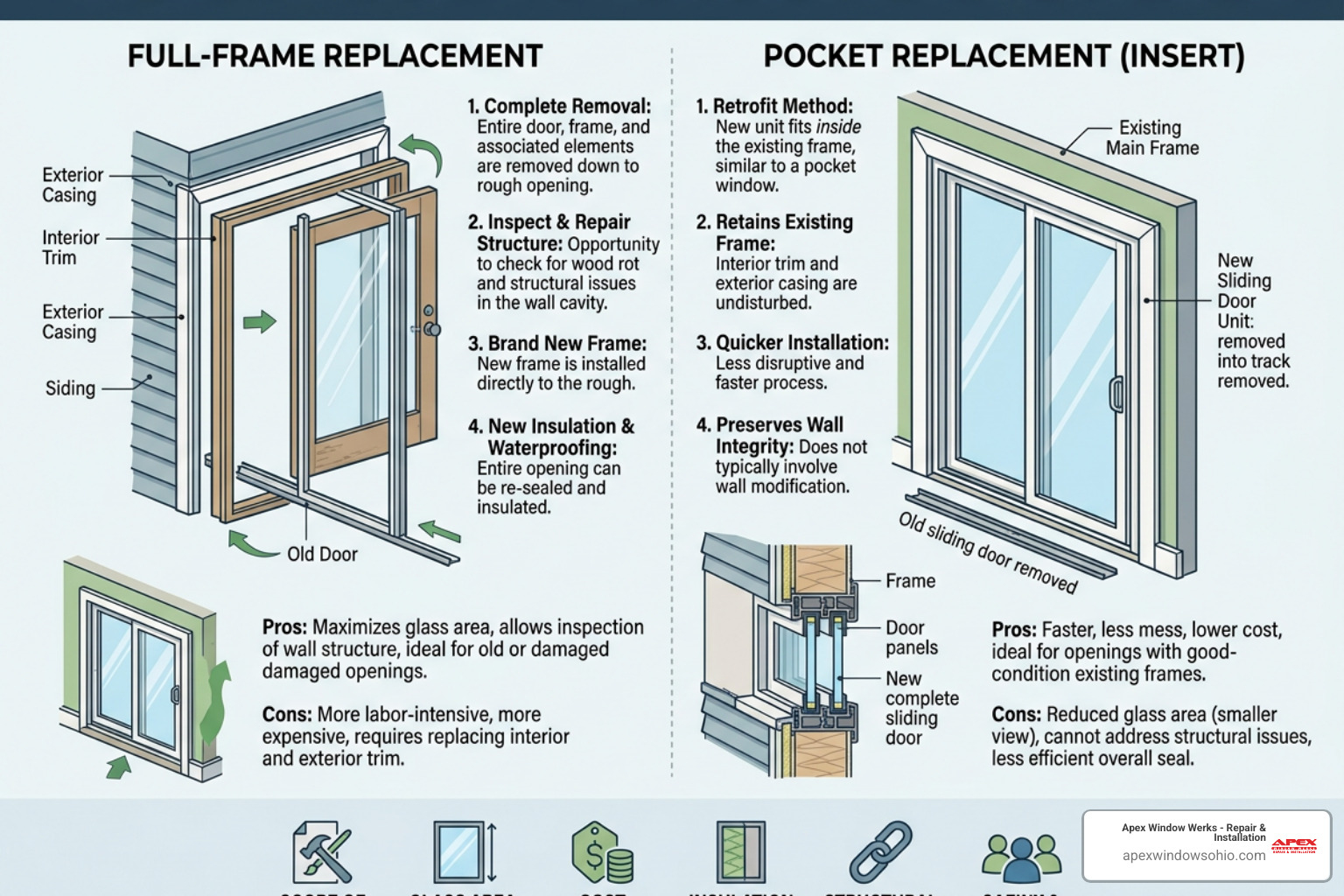 A diagram comparing full frame replacement vs pocket replacement for a sliding patio door