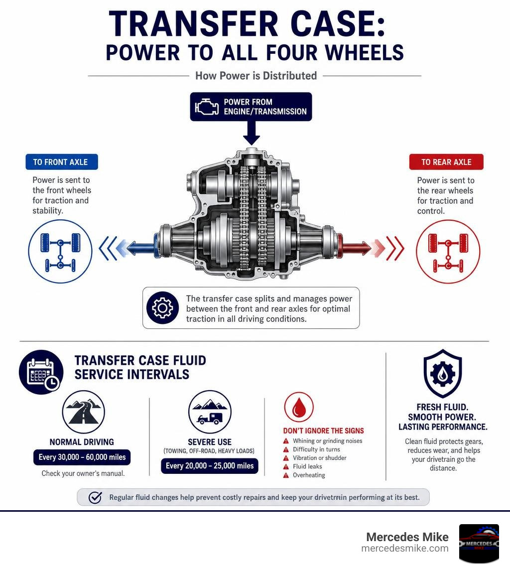 Infographic showing how a transfer case distributes power to front and rear axles with service interval reminders infographic Infographic showing how a transfer case distributes power to front and rear axles with service interval reminders infographic