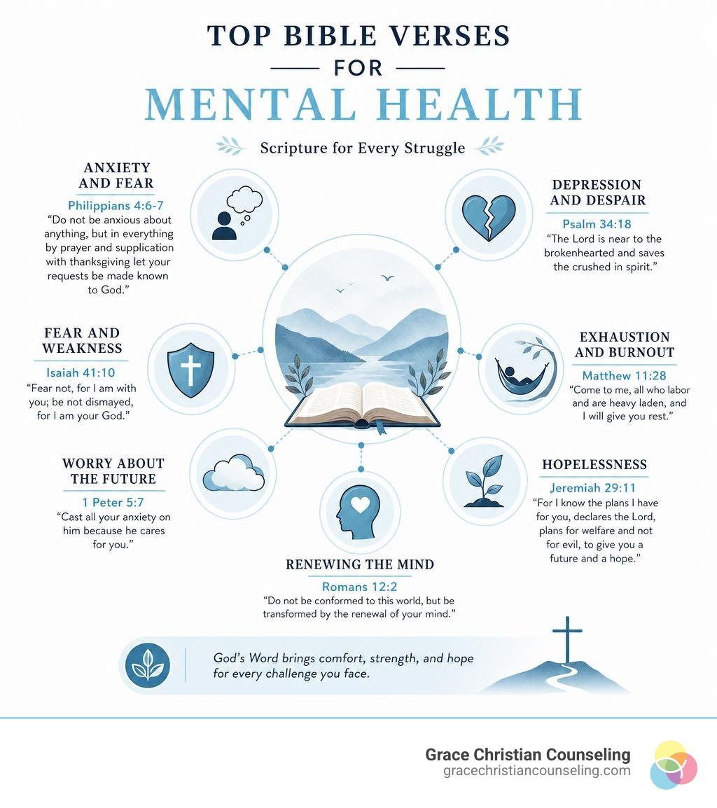 Infographic showing top Bible verses for anxiety, depression, and fear mapped to mental health struggles infographic Infographic showing top Bible verses for anxiety, depression, and fear mapped to mental health struggles infographic