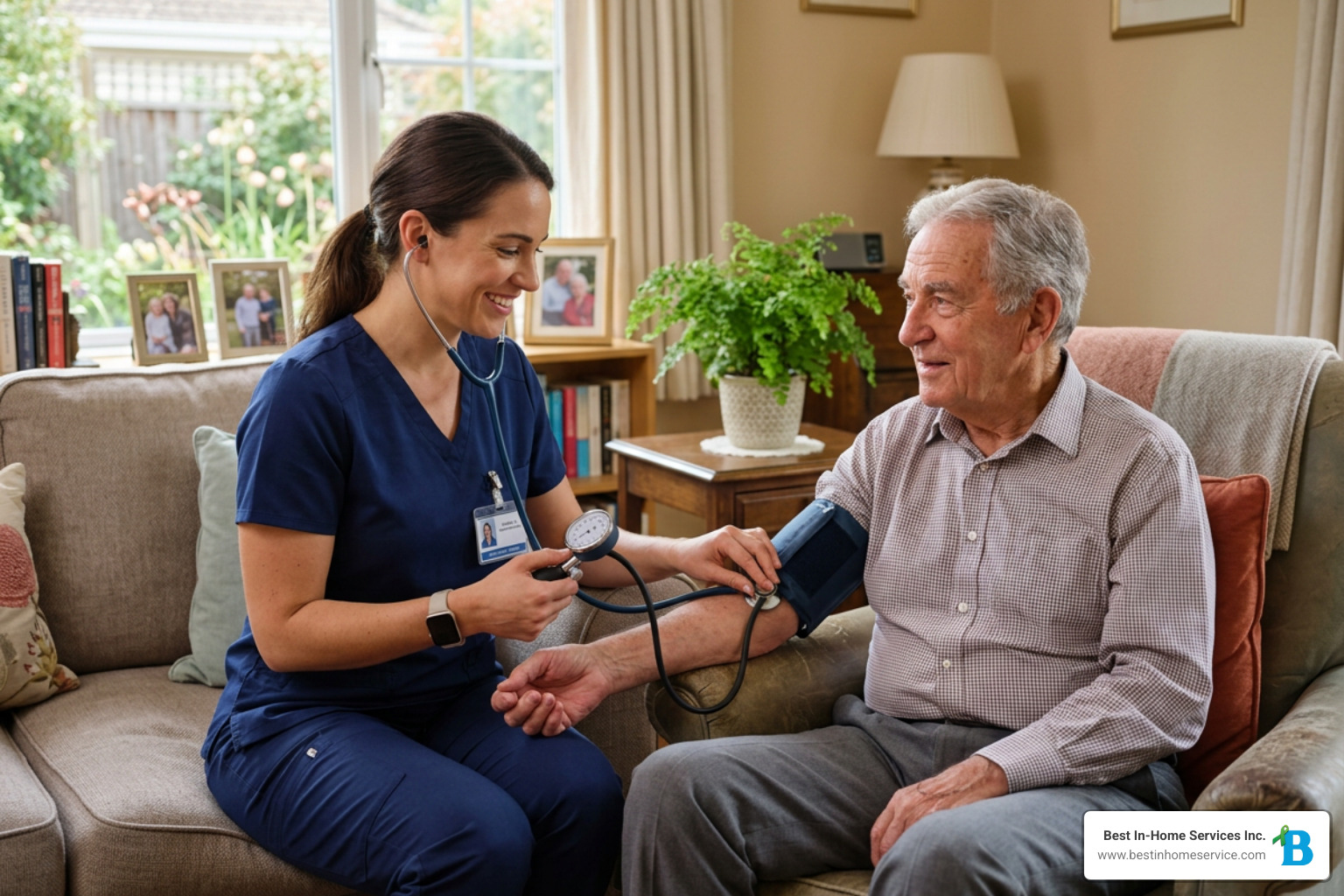 A registered nurse checking a senior patient's blood pressure during a home visit A registered nurse checking a senior patient's blood pressure during a home visit
