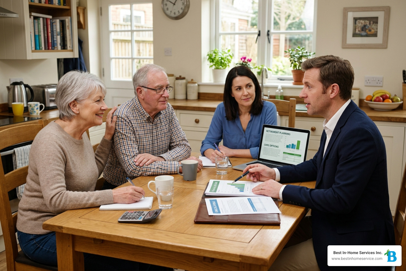 A family sitting at a kitchen table discussing care options and financial planning with a professional advisor A family sitting at a kitchen table discussing care options and financial planning with a professional advisor