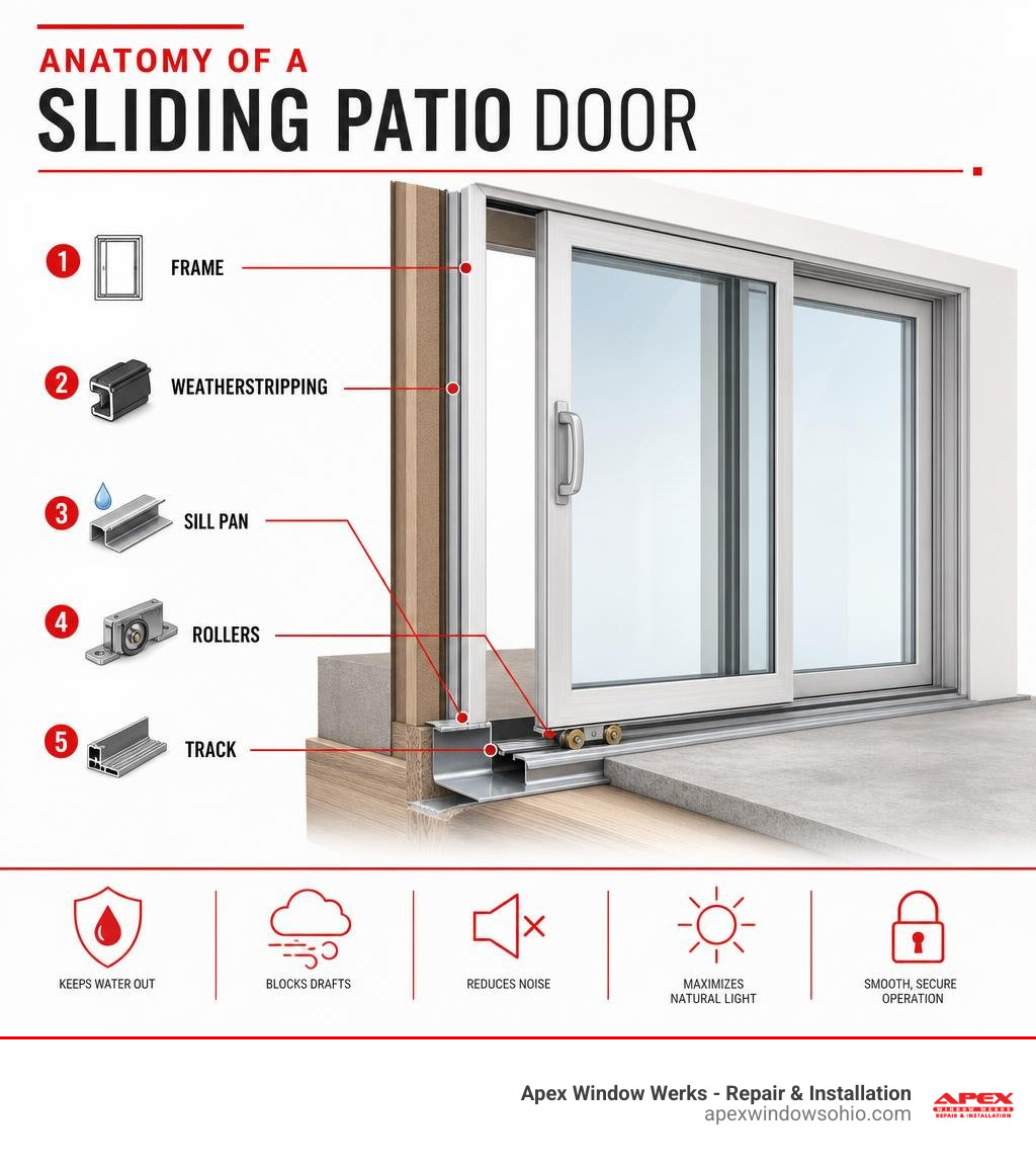 Anatomy of a sliding patio door labeled diagram showing frame, sill pan, rollers, track, and weatherstripping infographic