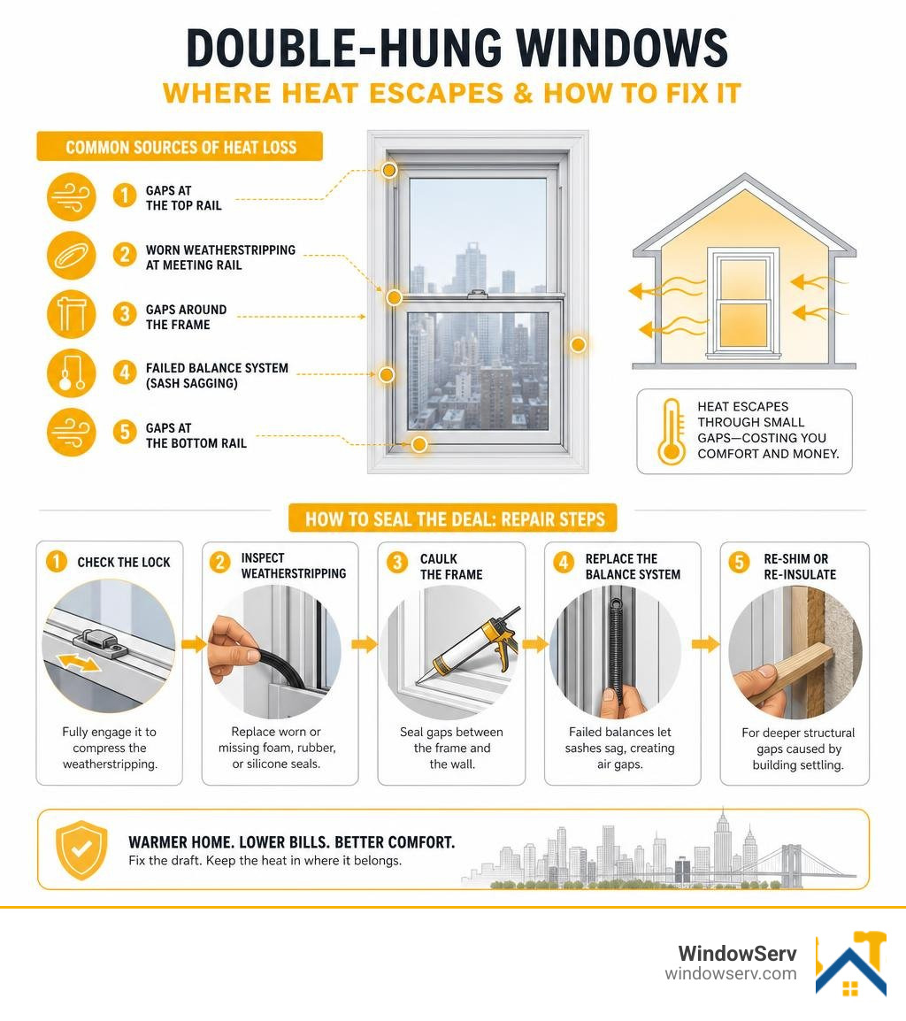 Infographic showing common sources of heat loss through double-hung windows and repair steps infographic Infographic showing common sources of heat loss through double-hung windows and repair steps infographic