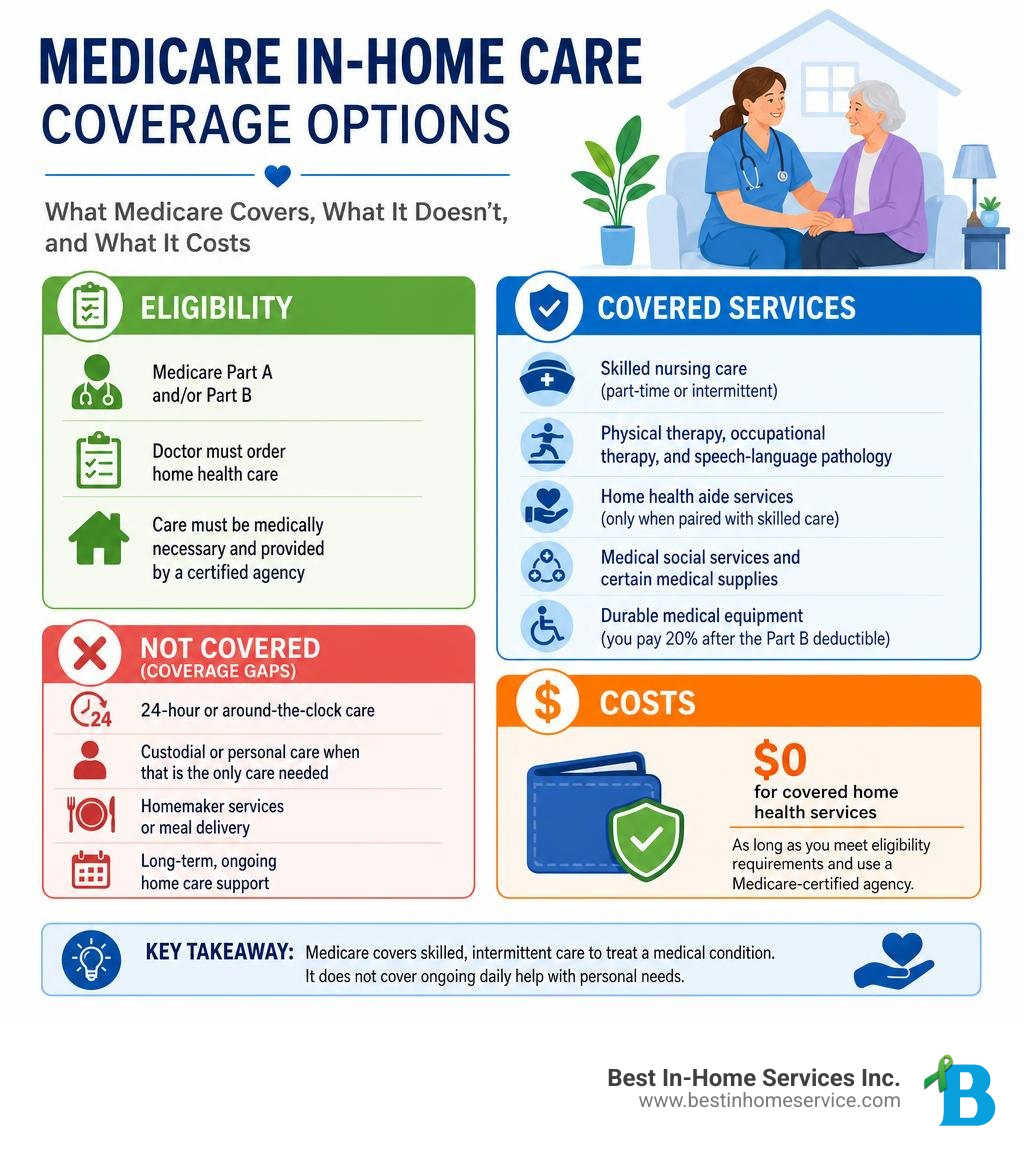 Medicare in home care coverage options infographic showing eligibility, covered services, costs, and coverage gaps Medicare in home care coverage options infographic showing eligibility, covered services, costs, and coverage gaps