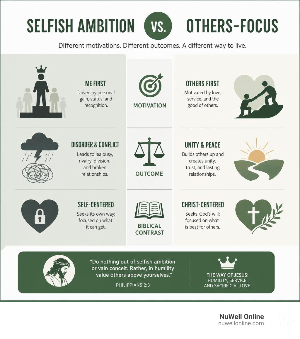 Infographic comparing selfish ambition vs. others-focus: motivations, outcomes, and biblical contrast infographic