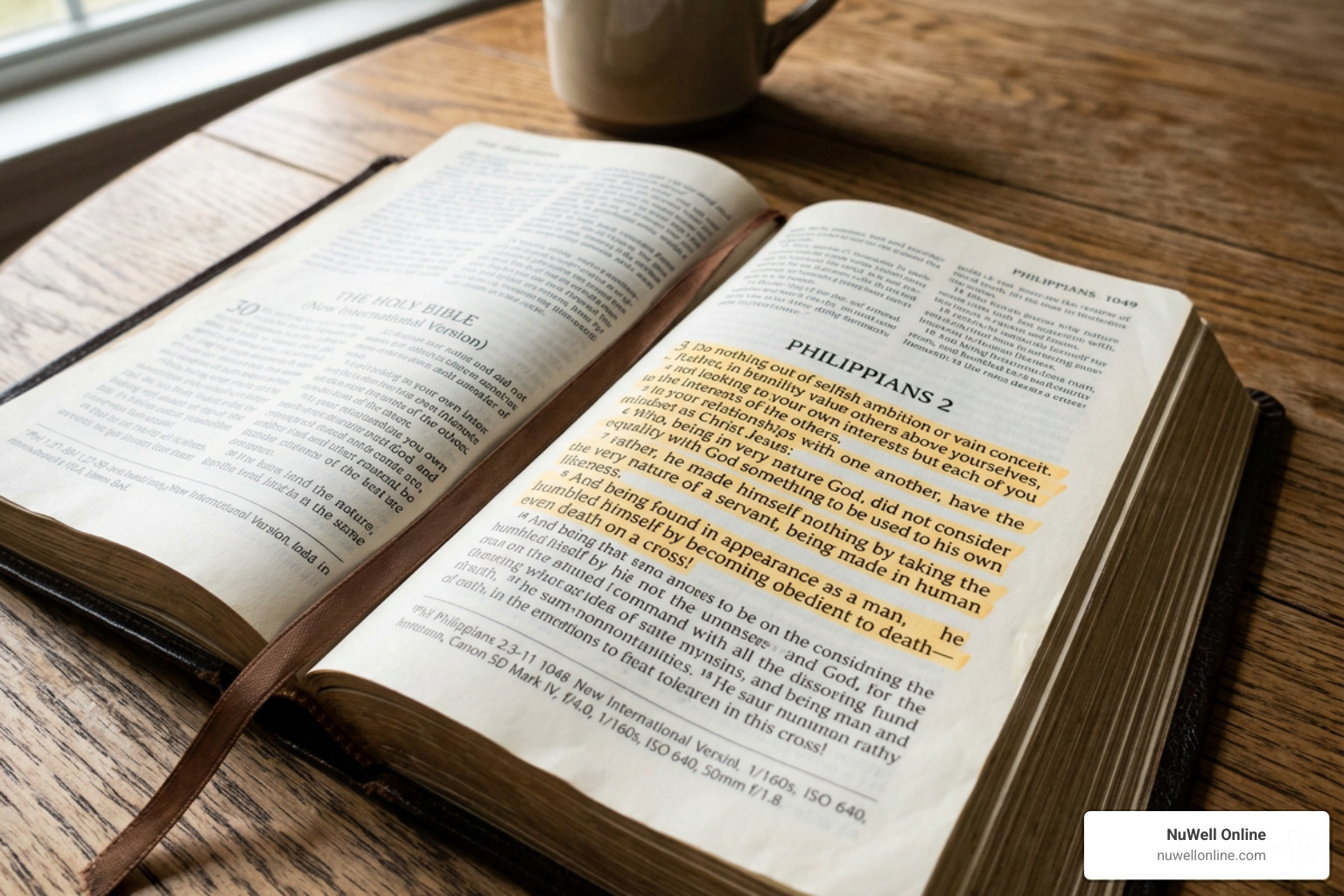 Philippians 2 highlighted in an open Bible, illustrating the call to humility